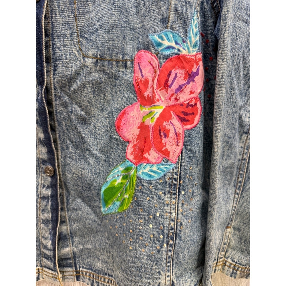 Mirasol Woman Acid Wash Denim Jacket Floral Embroidered Sequin LDMJ0006 Blue 2X - Picture 13 of 16